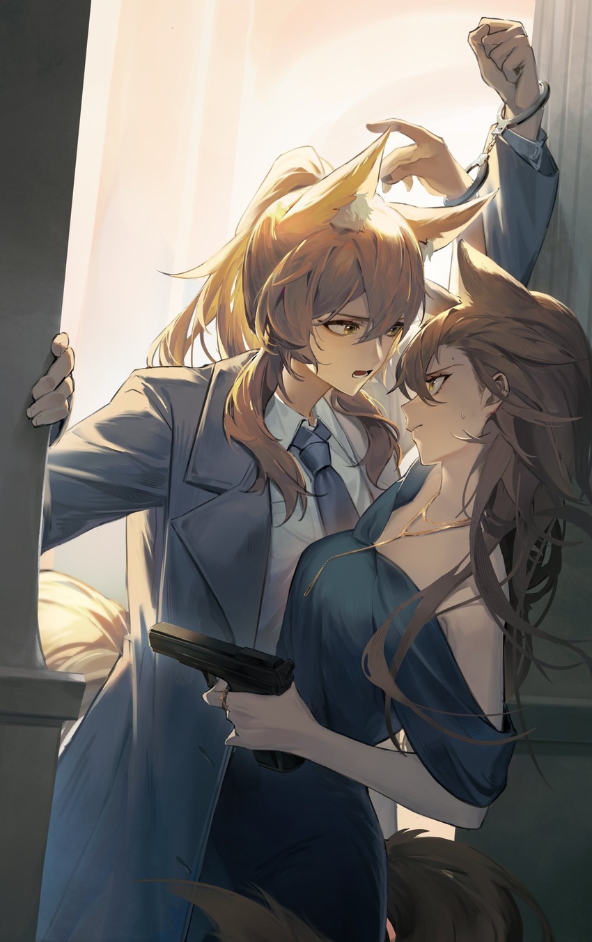 2girls akechi_(826988799) alternate_costume animal_ears arknights arm_up bare_shoulders black_nails blonde_hair blue_coat blue_dress blue_necktie brown_hair chinese_commentary closed_mouth coat collared_shirt commentary_request cuffs dress extra_ears gun hair_between_eyes handcuffs highres holding holding_gun holding_weapon horse_ears horse_girl horse_tail indoors jewelry lapels long_hair long_sleeves looking_at_another mole mole_above_eye multiple_girls nail_polish nearl_(arknights) necklace necktie notched_lapels off-shoulder_dress off_shoulder open_clothes open_coat open_mouth penance_(arknights) ring shared_handcuffs shirt sweat tail weapon white_shirt wing_collar wolf_ears wolf_girl wolf_tail yellow_eyes yuri