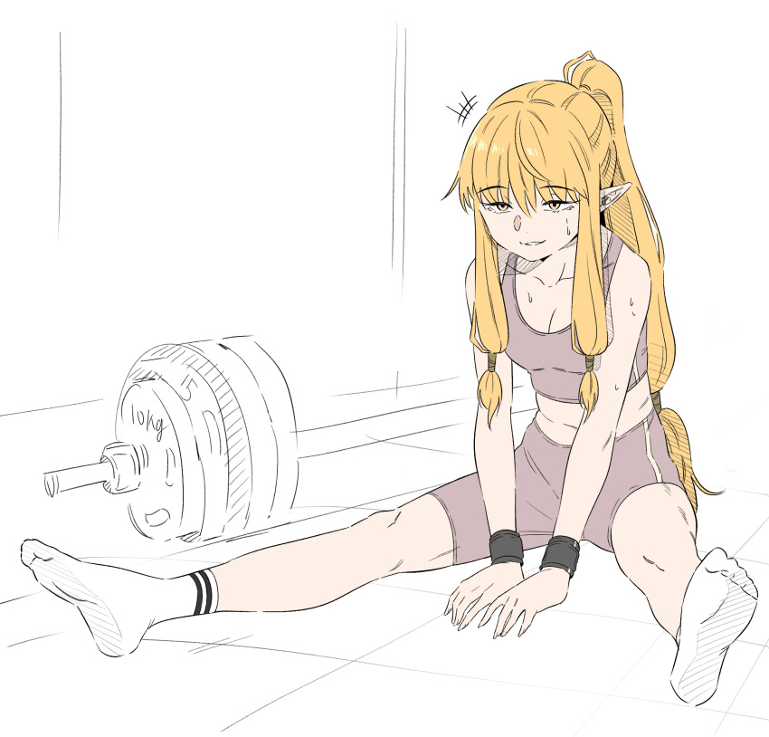 barbell between_legs blonde_hair breasts brown_shorts brown_sports_bra cleavage commentary_request contemporary female hand_between_legs high_ponytail highres legs_apart long_hair looking_at_viewer low-tied_sidelocks mangpum_(taro109210) parted_lips serie_(sousou_no_frieren) shorts sidelocks sitting socks solo sousou_no_frieren sports_bra stretching sweat very_long_hair white_background white_socks yellow_eyes