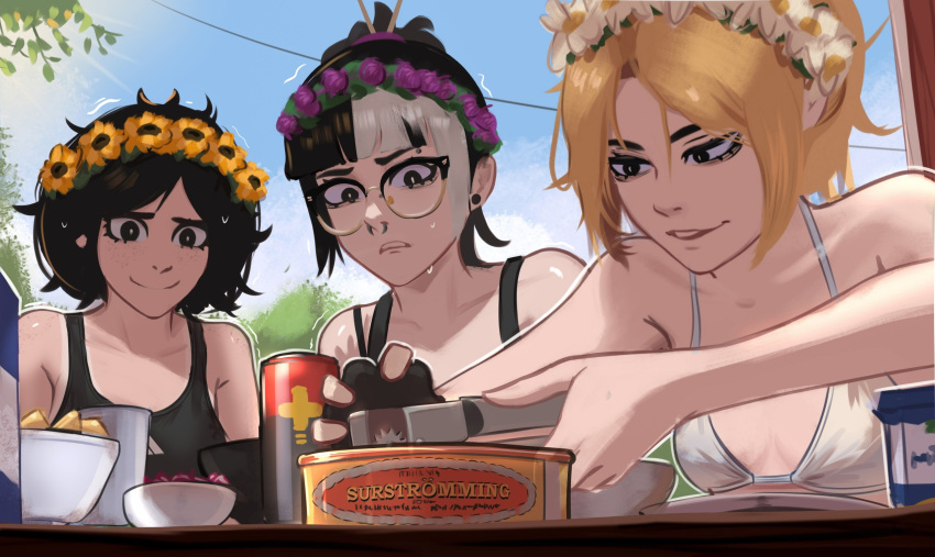 3girls bikini black_eyes black_hair black_sports_bra blonde_hair blue_sky can can_opener drink_can flat_chest flower_wreath freckles glasses hair_ornament hair_stick highres jessie_(veyonis) messy_hair midsummer mika_(veyonis) multiple_girls nervous nervous_smile nervous_sweating opening_can original outdoors parted_lips ponytail sky smile sports_bra strap_slip surstromming sweat sweden swedish_text swimsuit trembling veyonis white_bikini yuna_(veyonis)