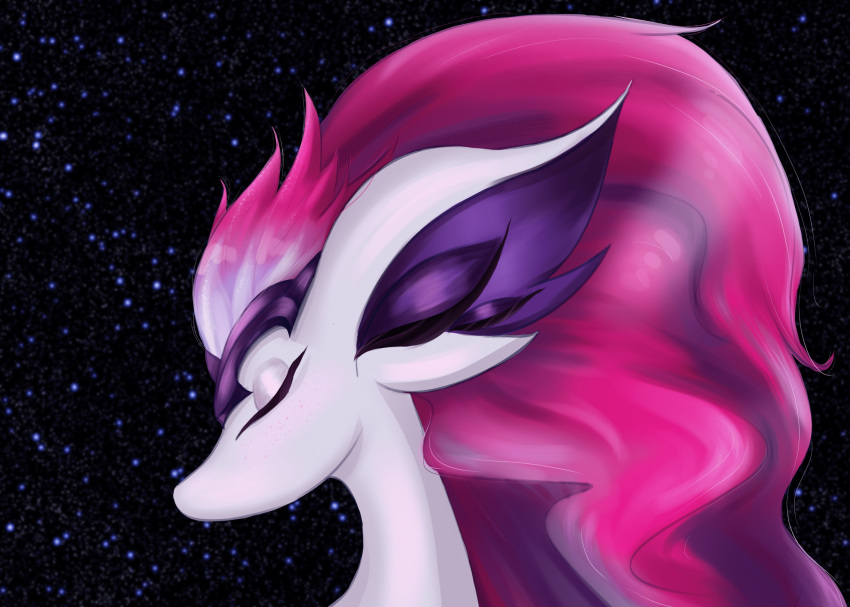 ambiguous_gender closed_eyes hair hi_res long_hair lucky_lantern markings mouthless multi_eye pink_hair purple_eyelids purple_markings solo space species_request white_body white_eyelids