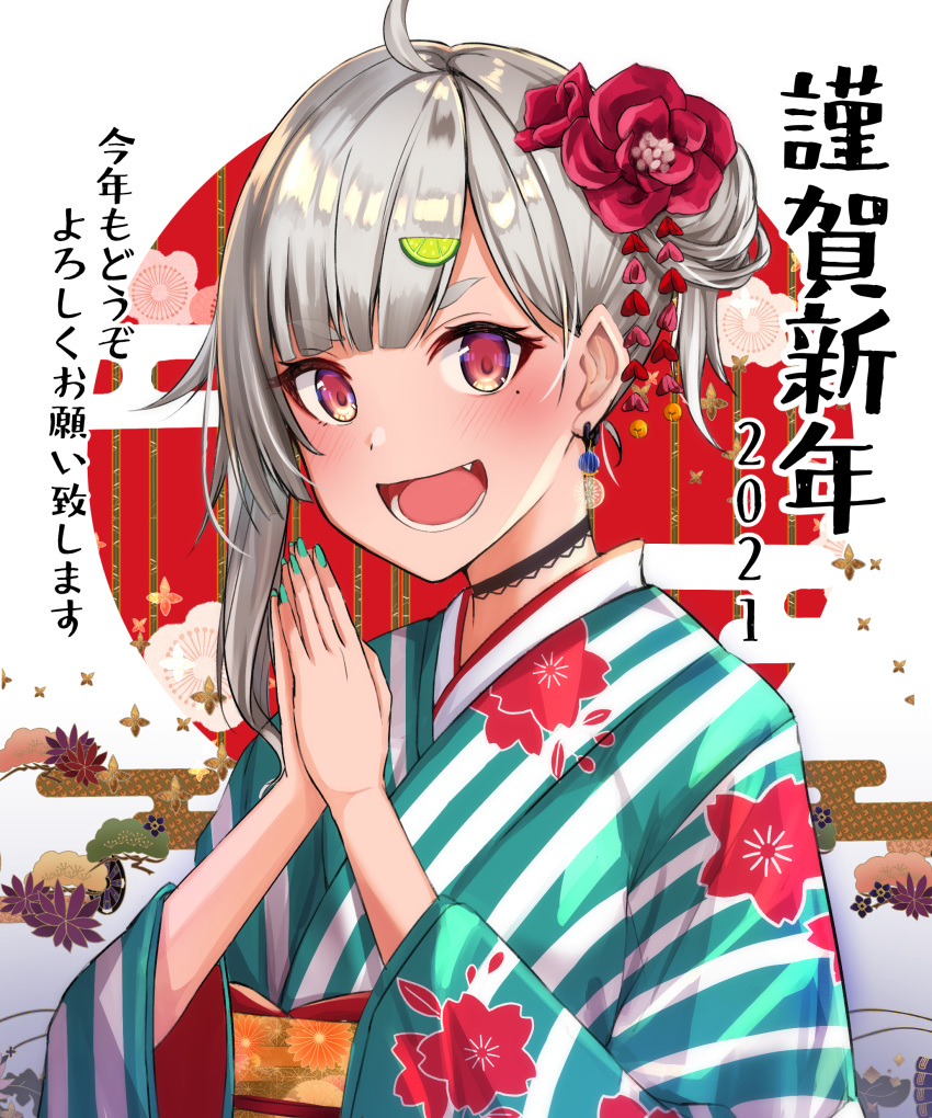 :d absurdres ahoge bamboo black_choker blush choker commentary_request egasumi female flower food-themed_hair_ornament green_nails grey_hair hair_bun hair_flower hair_ornament hands_up hayama_marin highres japanese_clothes kimono lime_hair_ornament long_sleeves looking_at_viewer mole mole_under_eye nail_polish nengajou new_year nijisanji obi oerba_yun_fang okutomi_fumi one_side_up open_mouth own_hands_together palms_together partial_commentary red_eyes red_flower sash short_eyebrows single_hair_bun single_side_bun smile solo striped_clothes striped_kimono thick_eyebrows translated upper_body vertical-striped_clothes vertical-striped_kimono virtual_youtuber white_background wide_sleeves