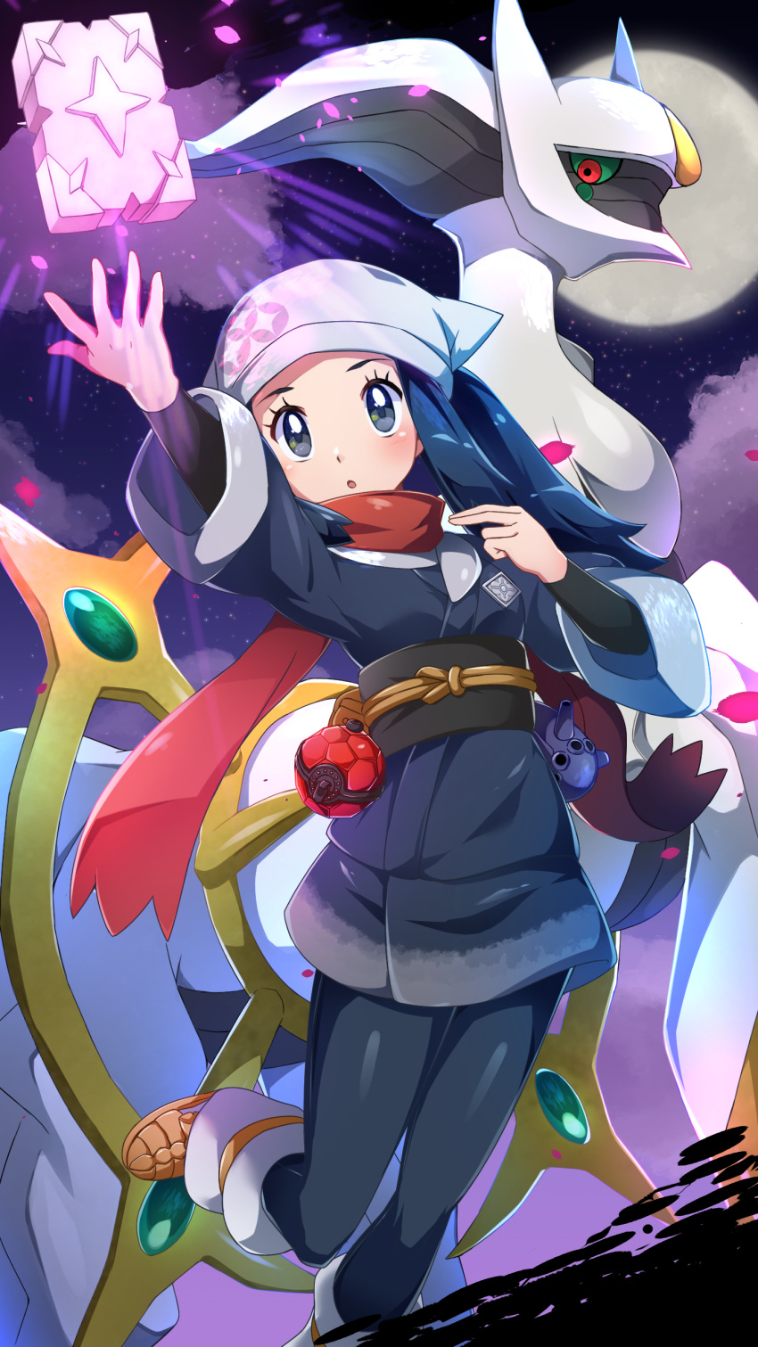 :o absurdres akari_(pokemon) arceus bad_id bad_pixiv_id black_hair black_pantyhose black_sash black_shirt blush brown_footwear cherish_ball commentary eyelashes female glowing grey_eyes grey_jacket grey_skirt head_scarf highres jacket long_hair loose_socks miyama_(yakinikusushi_the_royal) pantyhose poke_ball pokemon pokemon_(creature) pokemon_legends:_arceus ponytail sash shirt shoes sidelocks skirt socks white_headwear white_legwear