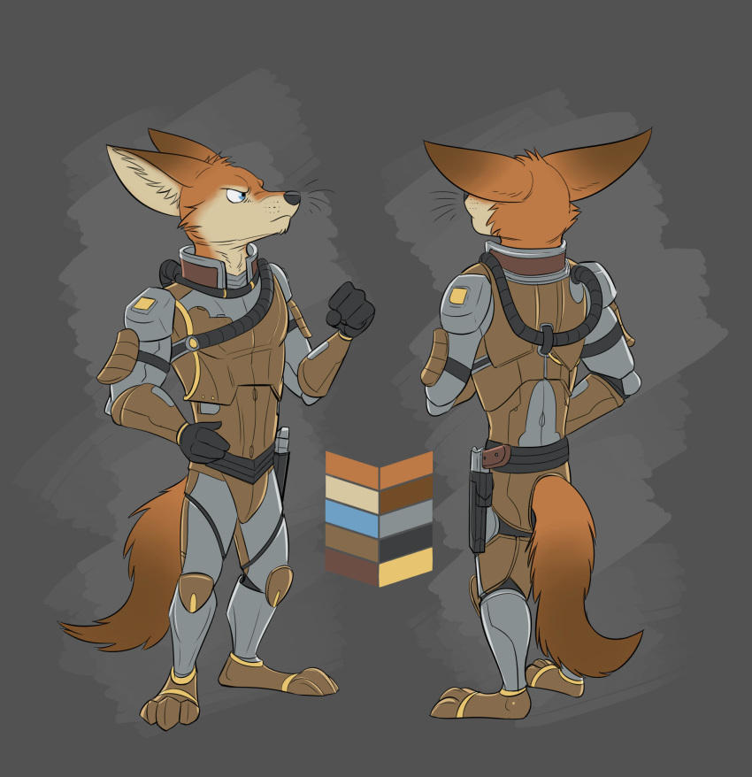 2018 anthro black_nose brown_body brown_fur canid canine cheek_tuft clothed clothing color_swatch facial_tuft fox fully_clothed fur grey_background head_tuft hi_res inner_ear_fluff mammal pose simple_background solo standing stellaris temiree tuft