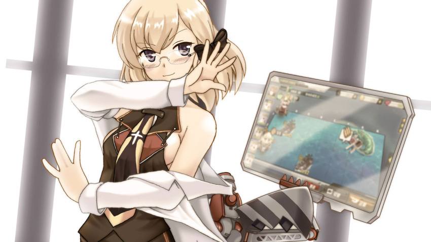 azu_rentarou azur_lane bare_shoulders blonde_hair blue_eyes bow breasts female glasses hairbow looking_at_viewer meta monitor necktie off_shoulder official_alternate_costume parody playing_games pose rigging sideboob sleeveless solo steins;gate upper_body z23_(azur_lane) z23_(philosophy_sensei)_(azur_lane)