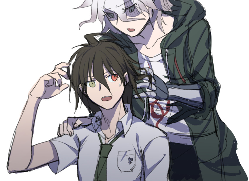 2boys ahoge black_hair breast_pocket brown_eyes brown_hair coat collarbone collared_shirt commentary danganronpa_(series) danganronpa_2:_goodbye_despair green_coat green_eyes green_necktie grey_hair hand_on_another's_shoulder hand_up heterochromia hinata_hajime hood hood_down hooded_coat komaeda_nagito looking_at_another male_focus mechanical_arms medium_hair multiple_boys necktie open_mouth pocket print_shirt red_eyes shaded_face shirt short_hair short_sleeves simple_background single_mechanical_arm sweatdrop teeth upper_teeth_only white_background ziling