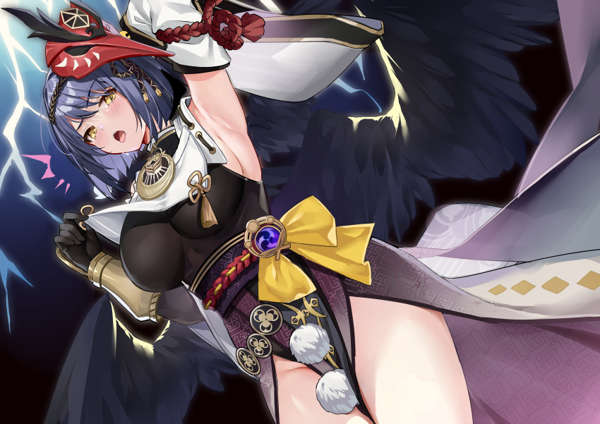 :o absurdres arm_up armpits bird_mask black_hair bodysuit breasts capelet commentary cowboy_shot detached_sleeves dutch_angle feathered_wings female genshin_impact hand_up highres kikimi kujou_sara large_breasts lightning long_sleeves looking_at_viewer mask mask_on_head notice_lines obi open_mouth pelvic_curtain raised_eyebrow sash short_hair solo vision_(genshin_impact) wings yellow_eyes