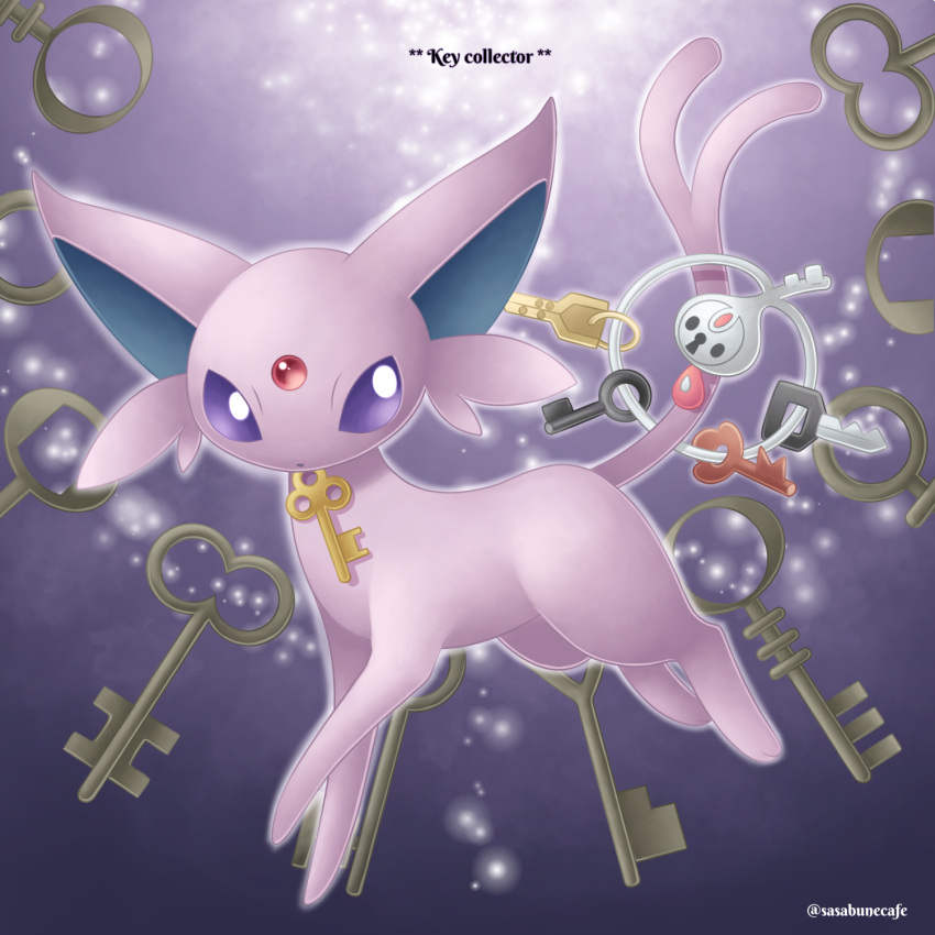 artist_name black_eyes commentary_request espeon glowing highres key keyring klefki looking_back mouth_hold no_humans pokemon pokemon_(creature) sasabunecafe