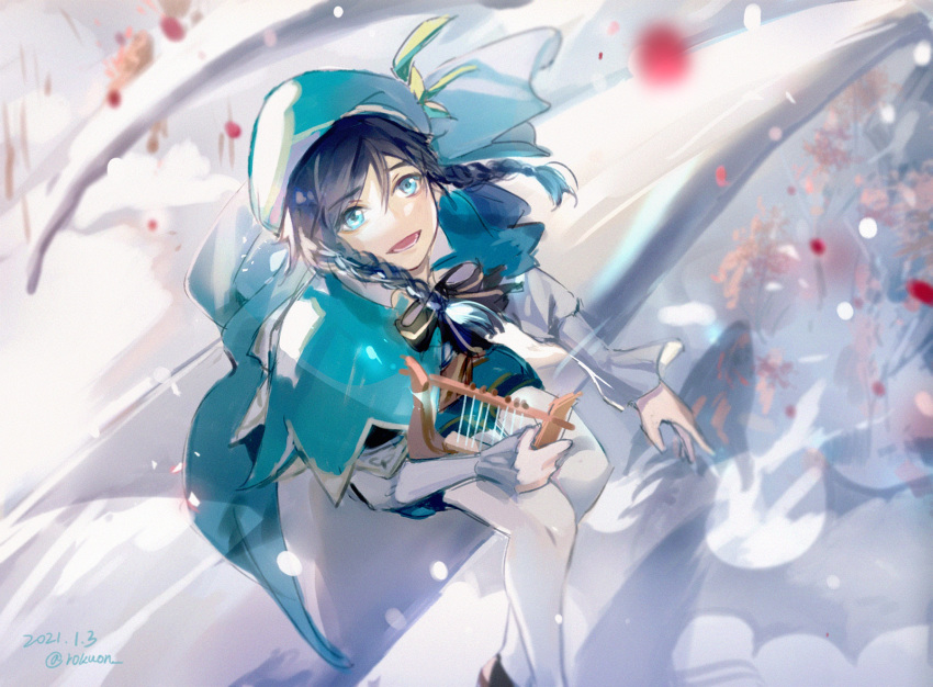 1boy bard beret black_hair blue_hair blurry blurry_background braid cape frilled_sleeves frills genshin_impact gradient_hair green_eyes green_hat hair_between_eyes hat highres holding holding_instrument instrument leaf long_sleeves looking_up lyre male_focus multicolored_hair open_mouth pantyhose petals ribbon rokuon sitting smile solo twin_braids venti_(genshin_impact) white_pantyhose