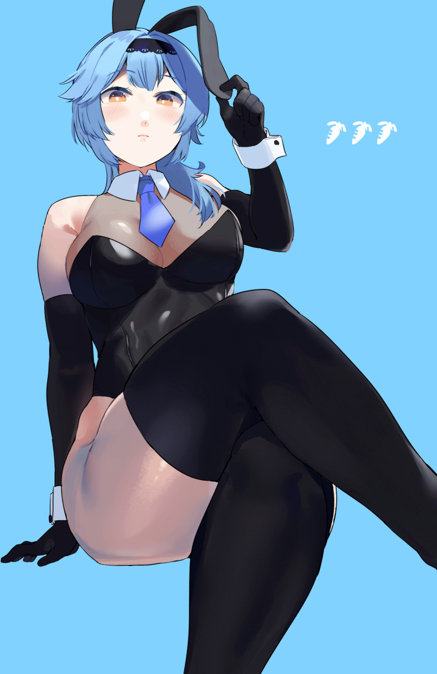 animal_ears arm_support black_gloves black_hairband black_leotard black_thighhighs blue_background blue_hair blue_necktie blush breasts closed_eyes commentary crossed_legs detached_collar english_commentary eula_(genshin_impact) fake_animal_ears female genshin_impact gloves hair_ornament hairband highres large_breasts leotard long_hair looking_at_viewer necktie okpriko playboy_bunny rabbit_ears simple_background sitting solo thighhighs thighs yellow_eyes