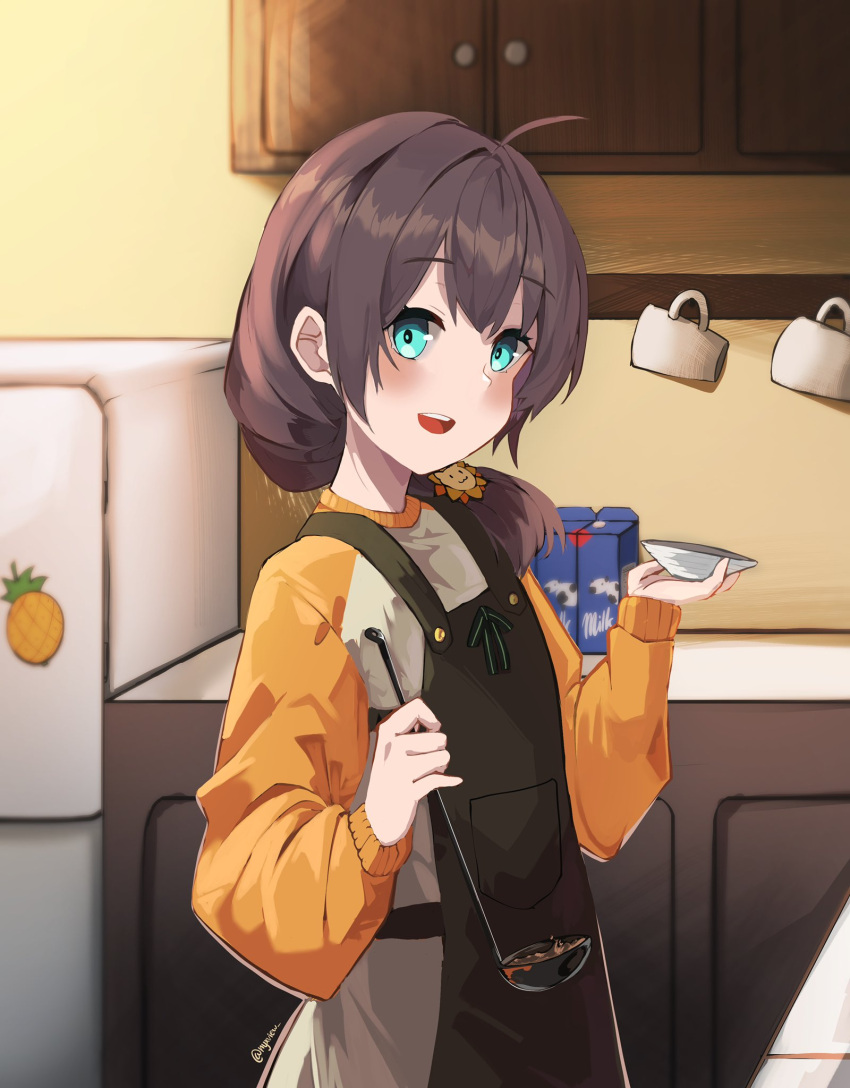 ahoge alternate_hairstyle apron black_ribbon blue_eyes blush brown_apron cup cupboard female hair_between_eyes highres holding holding_ladle holding_plate hololive kitchen ladle long_sleeves looking_at_viewer looking_to_the_side low_tied_hair medium_hair milk_carton mug natsuiro_matsuri nyxview open_mouth orange_sweater plate refrigerator ribbon smile solo sweater tasting_plate virtual_youtuber