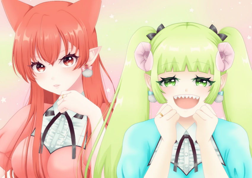 2girls :d alternate_costume alternate_hairstyle animal_ears azazel_ameri bad_id bad_pixiv_id black_ribbon blue_dress blush breasts commentary_request curled_horns demon_girl dress earrings extra_ears eyelashes green_eyes green_hair hair_between_eyes hair_horns hair_ribbon horns jewelry large_breasts long_hair looking_at_viewer mairimashita!_iruma-kun multiple_girls open_mouth pointy_ears red_dress red_eyes red_hair ribbon ring sharp_teeth smile teeth tibi09 twintails upper_body valac_clara