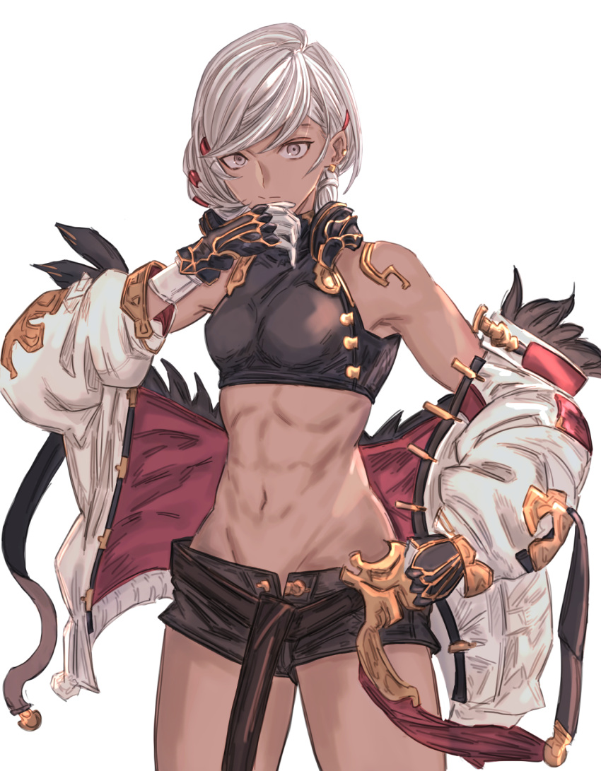 abs breasts coat_partially_removed crop_top dark-skinned_female dark_skin ear_piercing female fiorito_(granblue_fantasy) gloves granblue_fantasy grey_eyes grey_hair highres jacket jewelry looking_at_viewer midriff mou_pl piercing short_hair shorts small_breasts solo tan toned white_jacket