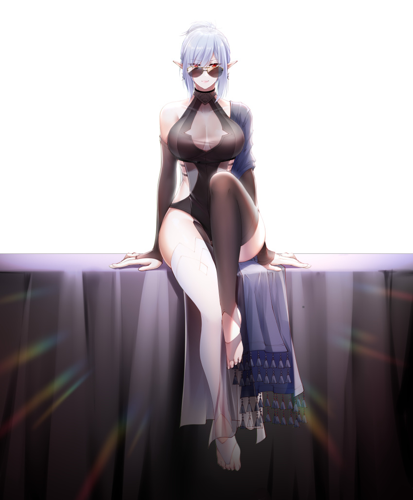 absurdres arknights arms_at_sides bare_shoulders black_one-piece_swimsuit black_thighhighs breasts bridal_gauntlets bridal_legwear casual_one-piece_swimsuit cleavage closed_mouth collarbone earrings female full_body gladiia_(arknights) grey_hair highres jewelry knee_up large_breasts long_hair looking_at_viewer looking_over_eyewear lsc5 no_shoes one-piece_swimsuit pointy_ears red_eyes see-through simple_background single_bridal_legwear smile solo sunglasses swimsuit thighhighs white_background white_thighhighs