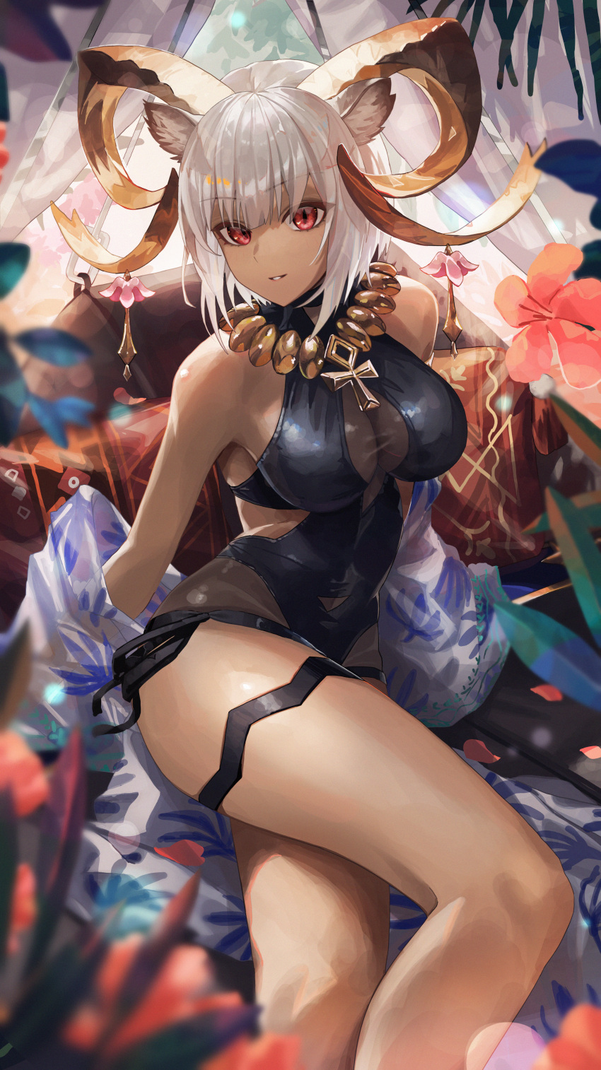 absurdres animal_ears arknights ass bare_shoulders black_one-piece_swimsuit blush breasts carnelian_(arknights) carnelian_(shimmering_dew)_(arknights) casual_one-piece_swimsuit clothing_cutout covered_navel dark-skinned_female dark_skin female goat_ears goat_horns highres horns jewelry large_breasts looking_at_viewer monge_baby necklace official_alternate_costume one-piece_swimsuit parted_lips red_eyes short_hair smile solo swimsuit thighs white_hair