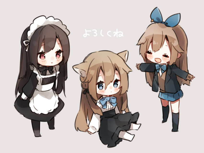 3girls :d animal_ears apron black_dress black_hair black_jacket black_legwear black_skirt blazer blue_bow blue_eyes blue_ribbon blue_skirt blush_stickers bow brown_hair brown_sweater cat_ears closed_eyes commentary_request dress grey_background hair_ribbon heripiro highres jacket long_hair long_sleeves maid maid_apron maid_headdress multiple_girls nekomimi_onnanoko_(heripiro) no_shoes open_clothes open_jacket open_mouth original pantyhose pleated_skirt puffy_long_sleeves puffy_sleeves red_eyes ribbon school_uniform shirt sitting skirt sleeves_past_wrists smile standing sweater thighhighs translated very_long_hair white_apron white_legwear white_shirt