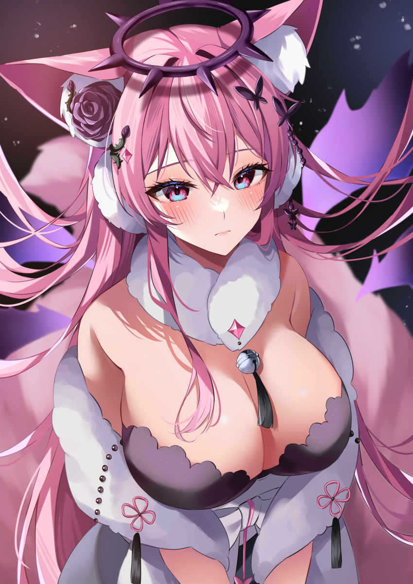 absurdres animal_ear_fluff animal_ears bell black_dress black_flower black_rose blush breasts butterfly_hair_ornament cat_ears chinese_knot cleavage dark_halo dress female flower fur_(clothing) hair_between_eyes hair_flower hair_ornament halo highres indie_virtual_youtuber jingle_bell long_hair moonbell multicolored_eyes neck_bell pink_hair rose second-party_source solo tassel upper_body virtual_youtuber yuni_nya