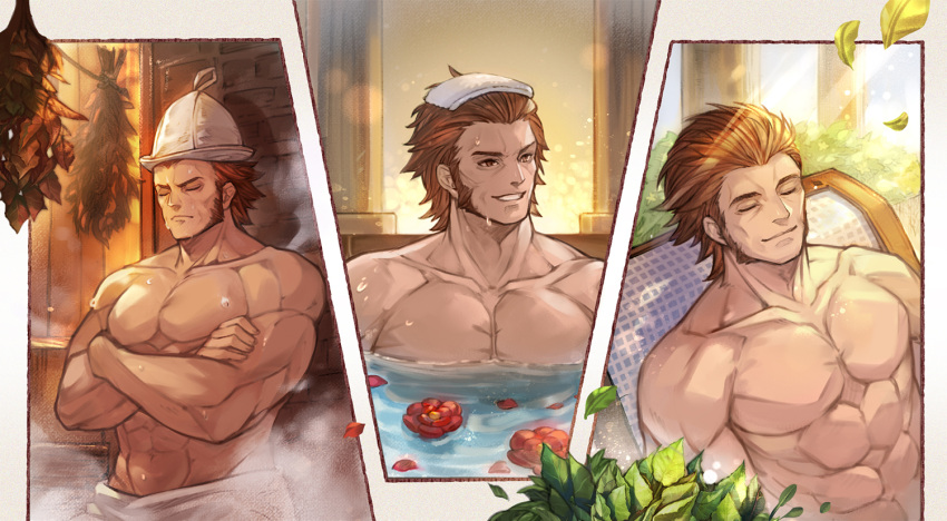 1boy abs bara bare_pectorals brown_hair closed_eyes crossed_arms deliford granblue_fantasy large_pectorals long_sideburns male_focus mature_male minaba_hideo muscular muscular_male naked_towel navel no_nipples official_alternate_costume official_art onsen pectorals sauna short_hair sideburns sleeping steam stomach sunlight towel towel_around_waist towel_on_head water wet wrinkled_skin