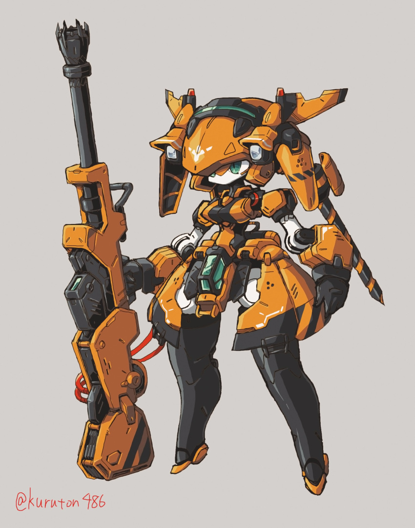 absurdres aqua_eyes cable female full_body grey_background gun highres holding holding_gun holding_weapon humanoid_robot kuruton486 original robot science_fiction solo standing twitter_username weapon