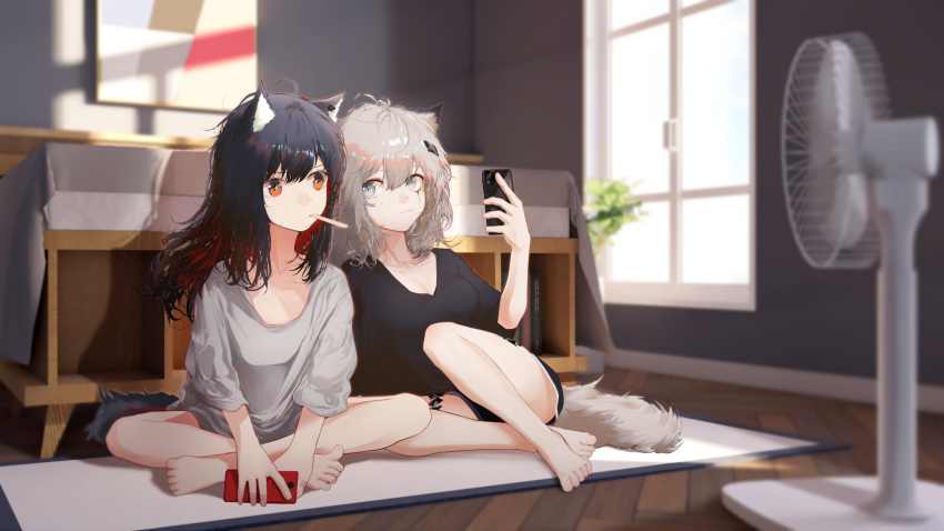 2girls ahoge alternate_costume animal_ear_fluff animal_ears arknights bad_neck barefoot black_hair black_shirt black_shorts blurry blurry_background cellphone colored_inner_hair commentary_request electric_fan feet food grey_hair hair_ornament hairclip highres holding holding_phone indian_style indoors korean_commentary lappland_(arknights) material_growth messy_hair mixed-language_commentary mouth_hold multicolored_hair multiple_girls orange_eyes oripathy_lesion_(arknights) phone popsicle red_hair runamonet scar scar_across_eye scar_on_face shirt shorts sitting smartphone tail texas_(arknights) white_shirt window wolf_ears wolf_girl wolf_tail