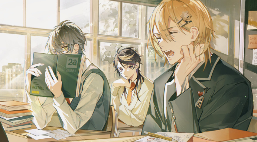 3boys book classroom collared_shirt glasses hair_ornament hairclip highres ike_eveland indoors long_hair luca_kaneshiro medium_hair multicolored_hair multiple_boys neru_(jojo86080879) nijisanji nijisanji_en open_mouth paper pen school_uniform shirt short_hair shu_yamino two-tone_hair virtual_youtuber window