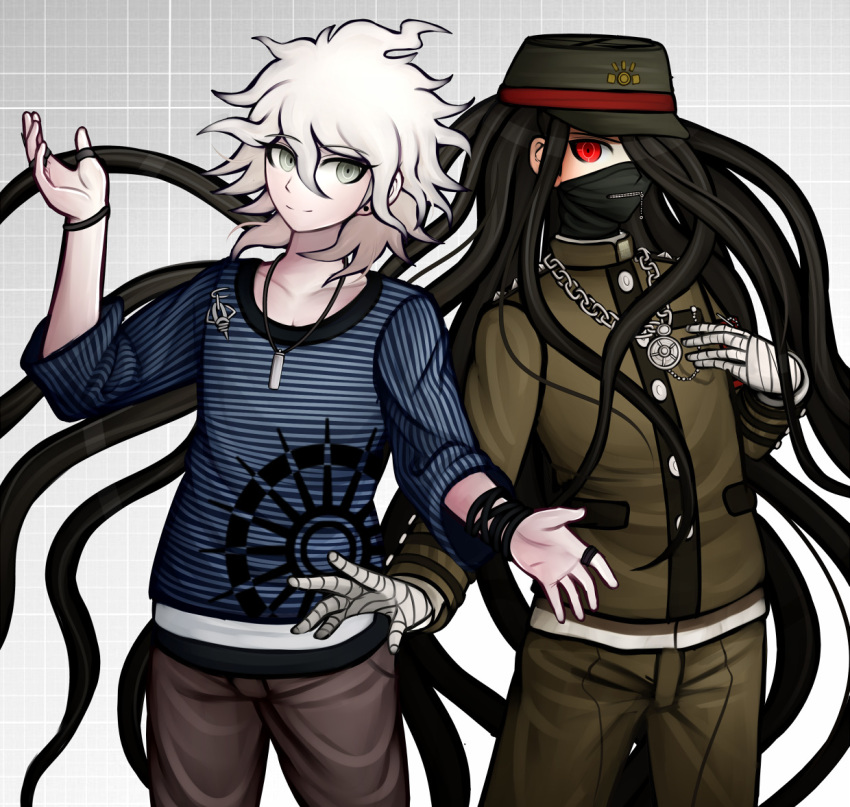 2boys absurdly_long_hair amami_rantarou amami_rantarou_(cosplay) bandaged_hands bandages black_hair brown_jacket brown_pants commentary cosplay covered_mouth danganronpa_(series) danganronpa_2:_goodbye_despair gradient gradient_background green_headwear grey_background grey_hair hair_over_one_eye hand_on_own_chest hand_up hat horizontal_stripes jacket jewelry kamukura_izuru komaeda_nagito ktokei_(kurokku-tokei) long_hair long_sleeves looking_at_viewer male_focus mask messy_hair mouth_mask multiple_boys necklace official_style pale_skin pants peaked_cap pendant red_eyes shinguuji_korekiyo shinguuji_korekiyo_(cosplay) shirt smile striped striped_shirt thumb_ring very_long_hair white_hair