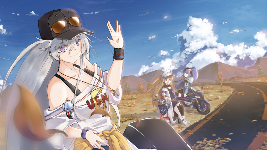 3girls absurdres azur_lane blonde_hair blue_hair cleveland_(azur_lane) cleveland_(road_trip!)_(azur_lane) clothes_around_waist cloud enterprise_(anniversary_ride)_(azur_lane) enterprise_(azur_lane) essex_(a_trip_down_route_66)_(azur_lane) essex_(azur_lane) hat headphones highres imagineseal jacket jacket_around_waist jewelry leaf motor_vehicle motorcycle multiple_girls necklace official_alternate_costume outdoors purple_eyes red_eyes road salute shirt sky sunglasses vulcan_salute white_hair white_shirt