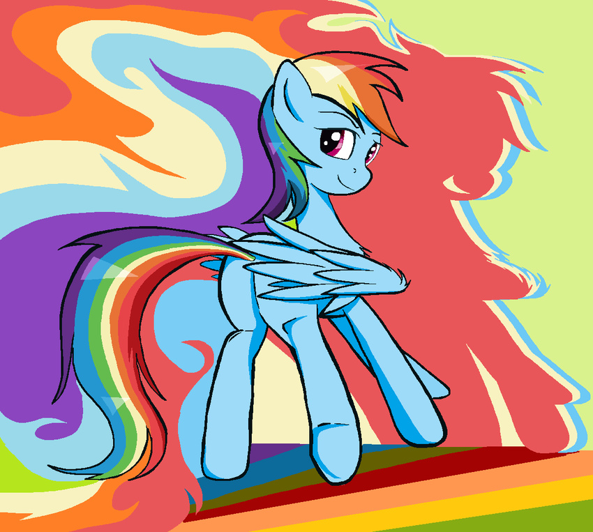 ass blue_body blue_feathers blue_fur equid equine eyebrows feathered_wings feathers female feral folded_wings friendship_is_magic fur hair hasbro looking_back mammal multicolored_hair multicolored_tail my_little_pony mythological_creature mythological_equine mythology pegasus pink_eyes rainbow_dash_(mlp) rainbow_hair rainbow_tail sallycars_(artist) smile solo tail wings