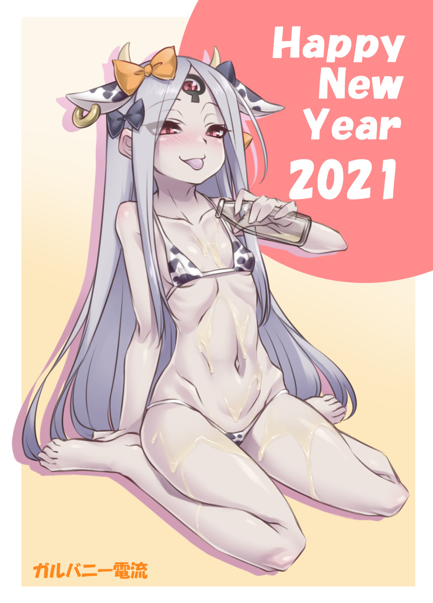 2021 abigail_williams_(fate) abigail_williams_(third_ascension)_(fate) absurdres animal_ears animal_print bad_id bad_pixiv_id bare_shoulders bikini black_bow bottle bow breasts chinese_zodiac colored_skin cow_ears cow_horns cow_print fate/grand_order fate_(series) female forehead galbany_(tsgororin) happy_new_year highres horns keyhole long_hair micro_bikini milk_bottle multiple_bows navel new_year orange_bow parted_bangs red_eyes sitting small_breasts smile solo spilled_milk swimsuit third_eye tongue tongue_out wariza white_hair white_skin year_of_the_ox