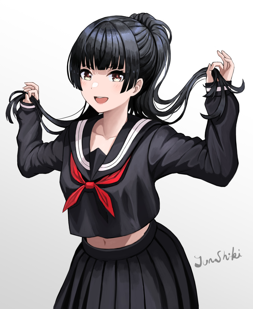 :d black_hair black_serafuku black_skirt blush brown_eyes collarbone cowboy_shot crop_top cropped_shirt female hair_lift hands_up high_ponytail highres holding holding_own_hair idolmaster idolmaster_shiny_colors junshiki long_hair looking_at_viewer mayuzumi_fuyuko midriff navel neckerchief open_mouth pleated_skirt ponytail red_neckerchief sailor_collar school_uniform serafuku signature simple_background skirt smile solo standing teeth uniform upper_teeth_only white_background