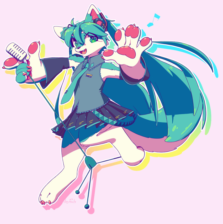 2023 alternate_species anthro armwear bottomwear canid canine clothing derfisch digital_media_(artwork) electronics eyebrows female fur furrification green_body green_eyes green_fur green_hair hair handpaw hatsune_miku hi_res holding_object kemono long_hair looking_at_viewer mammal microphone microphone_stand musical_note necktie on_one_leg open_mouth open_smile paws shirt skirt smile solo standing topwear twintails twintails_(hairstyle) vocaloid white_body white_fur