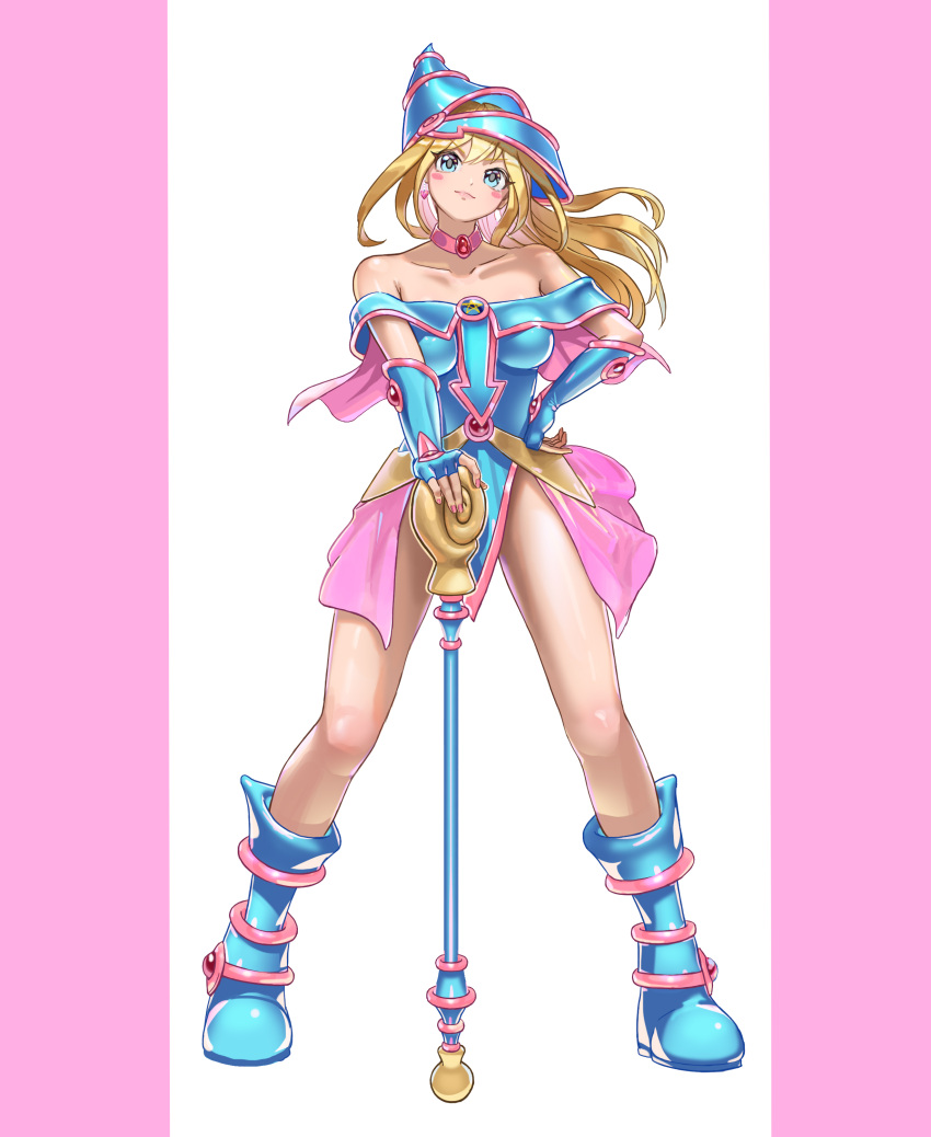 absurdres bare_shoulders blonde_hair blue_footwear blue_hat blush_stickers boots breasts choker dark_magician_girl duel_monster female full_body green_eyes hair_between_eyes hat highres holding holding_wand large_breasts long_hair looking_at_viewer pink_background quwrofsk8 showgirl_skirt smile solo staff two-tone_background wand white_background wizard_hat yu-gi-oh!