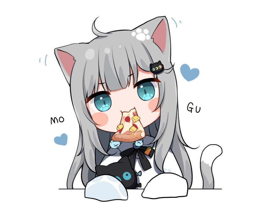 ahoge amashiro_natsuki animal_ears bad_id bad_pixiv_id black_bow black_bowtie black_ribbon blue_eyes blush blush_stickers bow bowtie cat_ears cat_girl cat_tail chibi commentary_request eating female food food_in_mouth grey_hair hair_ornament heart highres indie_virtual_youtuber long_hair long_sleeves motion_lines mouth_hold nachoneko neck_ribbon pizza ribbon romaji_text simple_background sleeves_past_fingers sleeves_past_wrists symbol_in_eye tail upper_body very_long_hair virtual_youtuber white_background