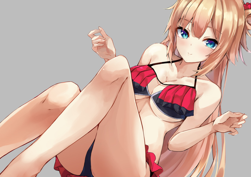 akai_haato akai_haato_(hololive_summer_2019) bare_arms bare_legs bare_shoulders bikini bikini_skirt black_bikini blonde_hair blue_eyes blush breast_curtains breasts cleavage closed_mouth commentary dutch_angle feet_out_of_frame female frilled_bikini frills grey_background hair_between_eyes hair_bun hair_ornament heart heart_hair_ornament highres hololive konkito long_hair looking_at_viewer medium_breasts midriff official_alternate_costume official_alternate_hairstyle simple_background single_hair_bun single_side_bun sitting smile solo swimsuit thighs underboob very_long_hair virtual_youtuber