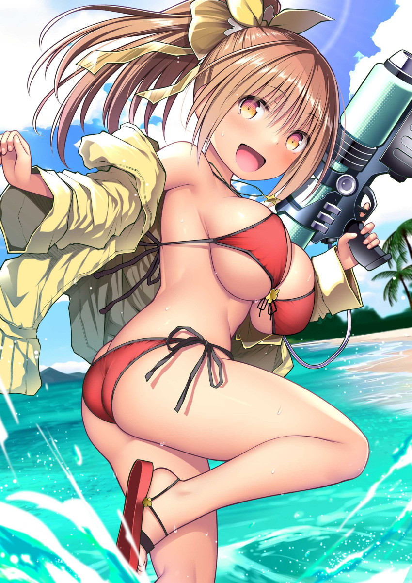 :d absurdres ass beach bikini blue_sky blush breasts brown_eyes brown_hair cloud commentary_request day female flower_knight_girl hair_ribbon highres holding holding_water_gun jacket kuromayu large_breasts long_hair looking_at_viewer oncidium_(flower_knight_girl) open_mouth outdoors ponytail red_bikini ribbon sandals side-tie_bikini_bottom sideboob sky smile solo standing swimsuit thighs twisted_torso water_gun yellow_jacket