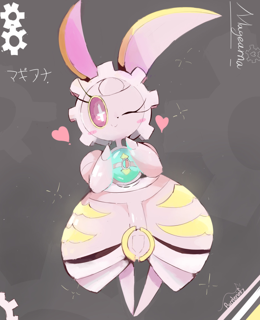 ;) character_name closed_mouth commentary english_commentary gen_7_pokemon happy heart highres magearna mythical_pokemon one_eye_closed pink_theme pokemon purpleninfy signature smile