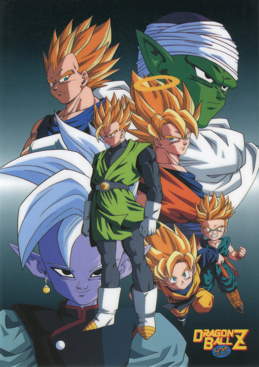 1990s_(style) 6+boys aqua_eyes arms_at_sides artist_request black_eyes blonde_hair boots clenched_hands closed_mouth colored_skin copyright_name dougi dragon_ball dragon_ball_z earrings father_and_son gloves gradient_background great_saiyaman green_skin grin halo highres jewelry looking_at_viewer male_focus mohawk multiple_boys namekian non-web_source official_art piccolo pointy_ears potara_earrings purple_skin retro_artstyle saiyan scan serious shin_(dragon_ball) smile son_gohan son_goku son_goten spiked_hair standing super_saiyan super_saiyan_1 trunks_(dragon_ball) turban vegeta white_gloves white_hair white_headwear widow's_peak