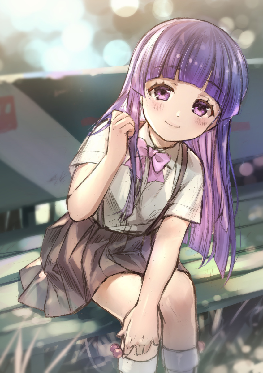 absurdres adjusting_hair ankle_socks bench blue_hair blush bow female furude_rika highres higurashi_no_naku_koro_ni long_hair looking_at_viewer nyan5000 pink_bow purple_eyes shirt short_sleeves sidelocks sitting skirt smile socks solo straight_hair suspender_skirt suspenders white_shirt white_socks