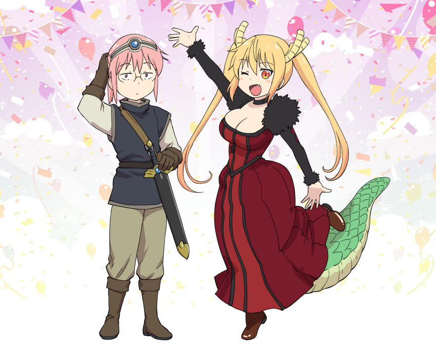 2girls blonde_hair breasts brown_gloves cleavage cosplay dragon_girl dragon_horns dragon_tail dress gloves gradient_hair highres horns kobayashi-san_chi_no_maidragon kobayashi_(maidragon) large_breasts large_tail long_hair looking_at_viewer maou_(maoyuu) maou_(maoyuu)_(cosplay) maoyuu_maou_yuusha multicolored_hair multiple_girls oerba_yun_fang one_eye_closed open_mouth orange_eyes orange_hair pink_eyes pink_hair red_dress sheath sheathed short_hair smile standing sword tail tohru_(maidragon) twintails ueyama_michirou weapon yuusha_(maoyuu) yuusha_(maoyuu)_(cosplay)