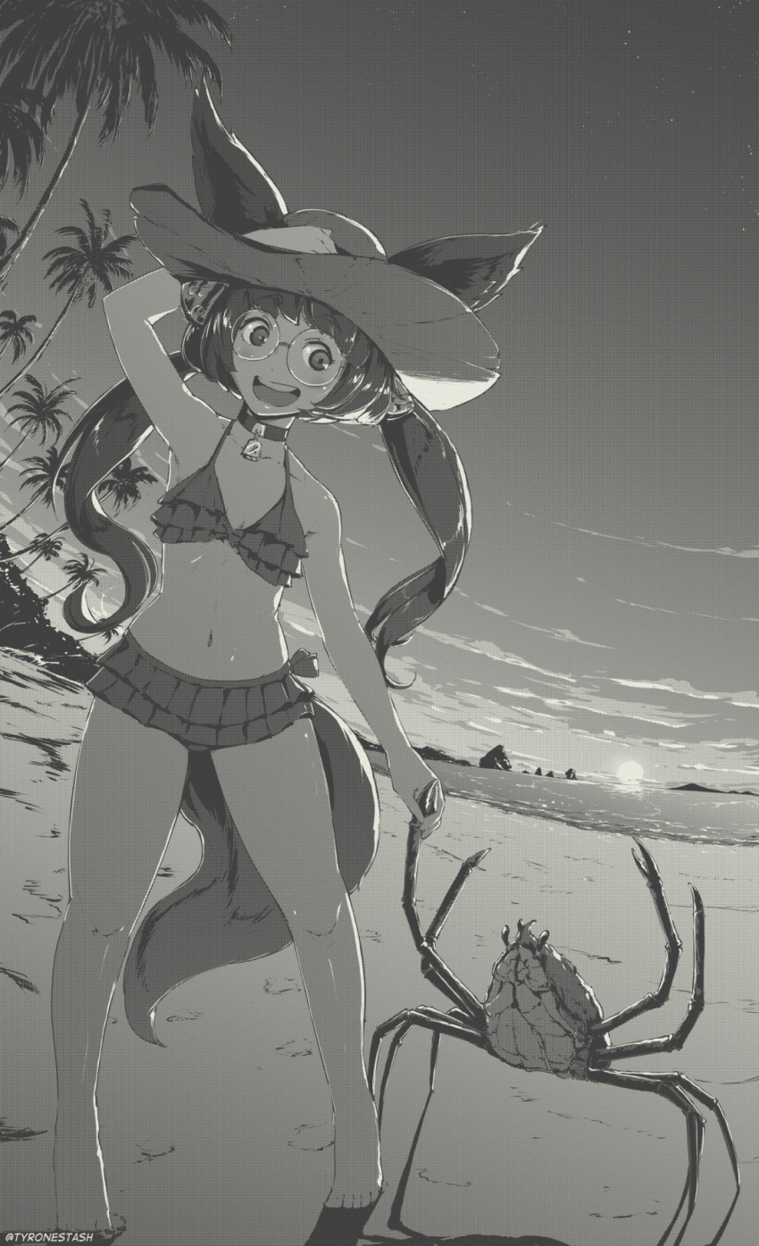 :d animal_ears barefoot beach bell bikini breasts choker crab ears_through_headwear female fisheye fox_ears fox_girl fox_tail frilled_bikini frills full_body greyscale happy hat highres holding_hands horizon indie_virtual_youtuber kira_kuroto monochrome navel neck_bell outdoors palm_tree round_eyewear small_breasts smile standing sun_hat sunset swimsuit tail tree tyrone virtual_youtuber