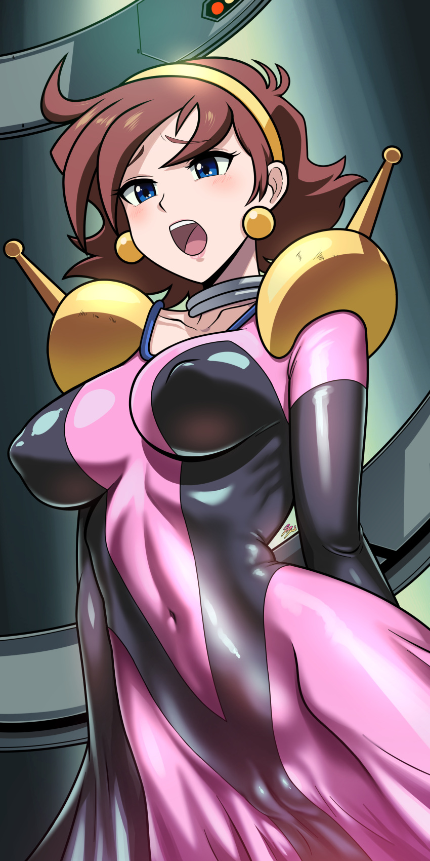 absurdres bad_id bad_pixiv_id blue_eyes blush bodysuit breasts brown_hair cameltoe covered_navel covered_nipples earrings female g_gundam gundam highres impossible_bodysuit impossible_clothes jazz_jack jewelry mobile_trace_suit multicolored_bodysuit multicolored_clothes pink_bodysuit rain_mikamura skin_tight solo sphere_earrings