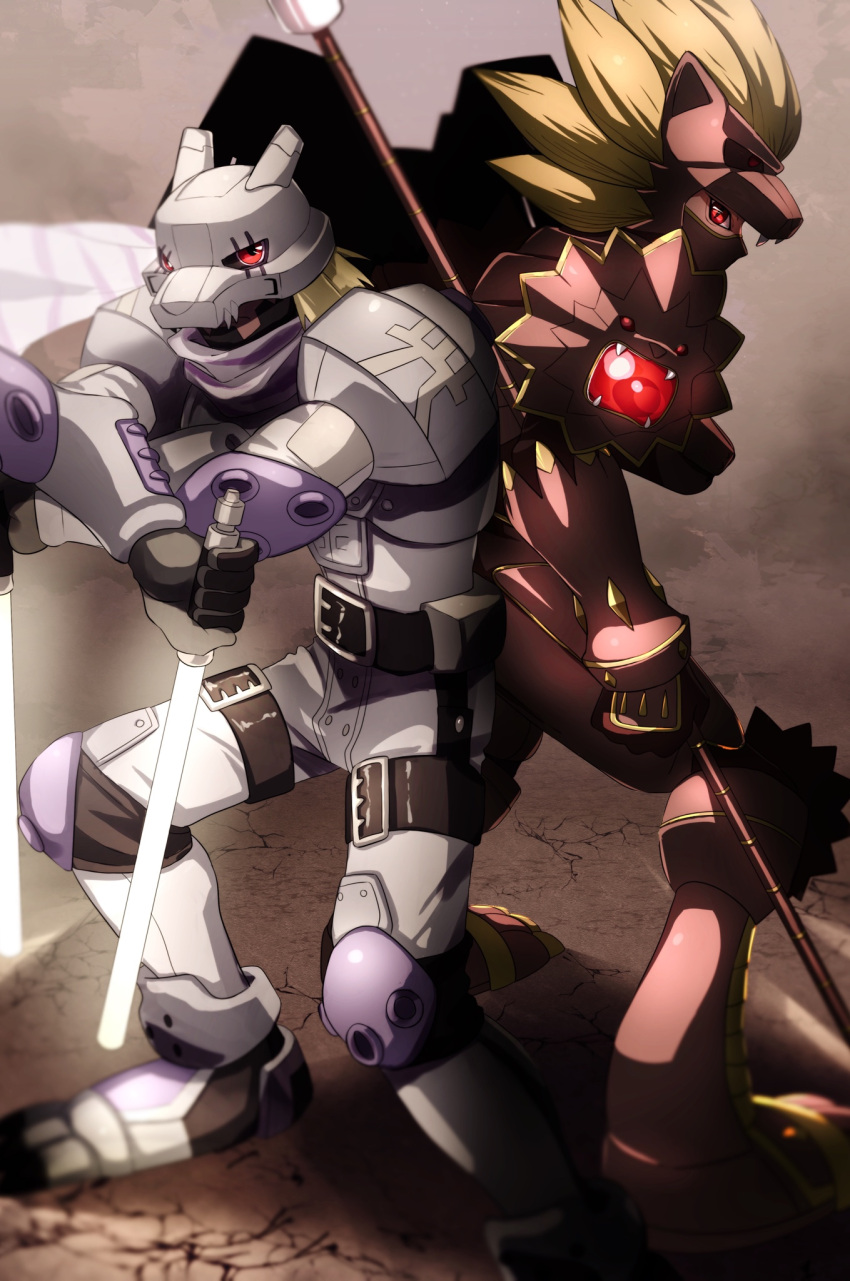 2boys armor armored_boots back-to-back belt black_belt black_gloves blonde_hair boots commentary digimon digimon_(creature) digimon_frontier full_body gloves glowing grey_pants helmet highres holding holding_weapon knee_pads lion_mask long_hair looking_at_viewer louwemon male_focus multiple_boys pants red_eyes shoulder_armor standing takeda_conomi weapon wolfmon