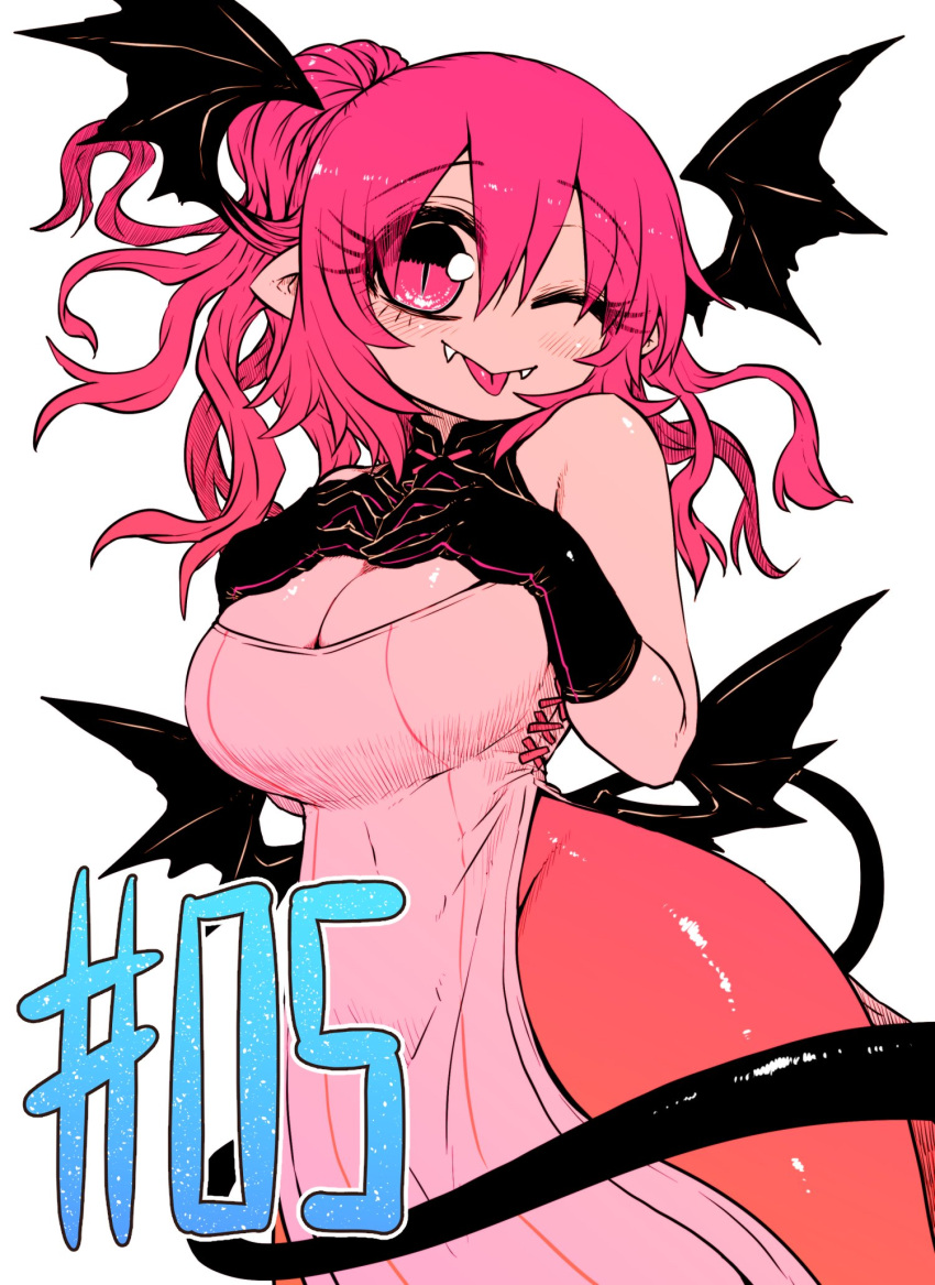 armpit_crease bat_wings black_wings boots breasts chapter_number dress fangs fangs_out female hands_on_own_chest head_wings highres large_breasts one_eye_closed pantyhose pink_eyes pink_hair sumire_(yakunitatsu_node_chi_o_kudasai) vampire vietnamese_dress white_dress wings yakunitatsu_node_chi_o_kudasai zyugoya