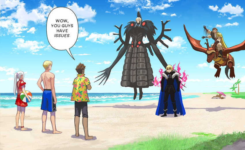 2girls 4boys alternate_costume alternate_hairstyle angry anklet bad_id bad_twitter_id ball barefoot beach beachball bikini blonde_hair blue_cape blue_sky blue_swim_trunks brown_hair cape claude_von_riegan day dimitri_alexandre_blaiddyd dragon dual_persona edelgard_von_hresvelg edelgard_von_hresvelg_(hegemon_husk) english_text fire fire_emblem fire_emblem:_three_houses fire_emblem_heroes floating flying hawaiian_shirt horns jewelry long_hair male_swimwear multiple_boys multiple_girls ocean outdoors palm_tree ponytail purple_fire red_bikini redaster8 riding scowl shirt shorts sky speech_bubble swimsuit time_paradox transformation tree waving white_hair wings wyvern yellow_cape yellow_shirt