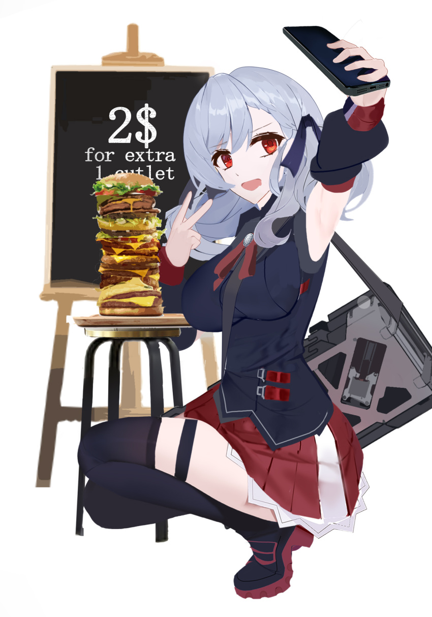 asymmetrical_bangs black_thighhighs burger cellphone commentary edenland english_commentary english_text female food girls'_frontline grey_hair highres holding holding_phone low_twintails md5_mismatch menu_board miniskirt phone red_skirt selfie skirt smartphone solo spas-12_(girls'_frontline) thigh_strap thighhighs too_much_burger twintails v