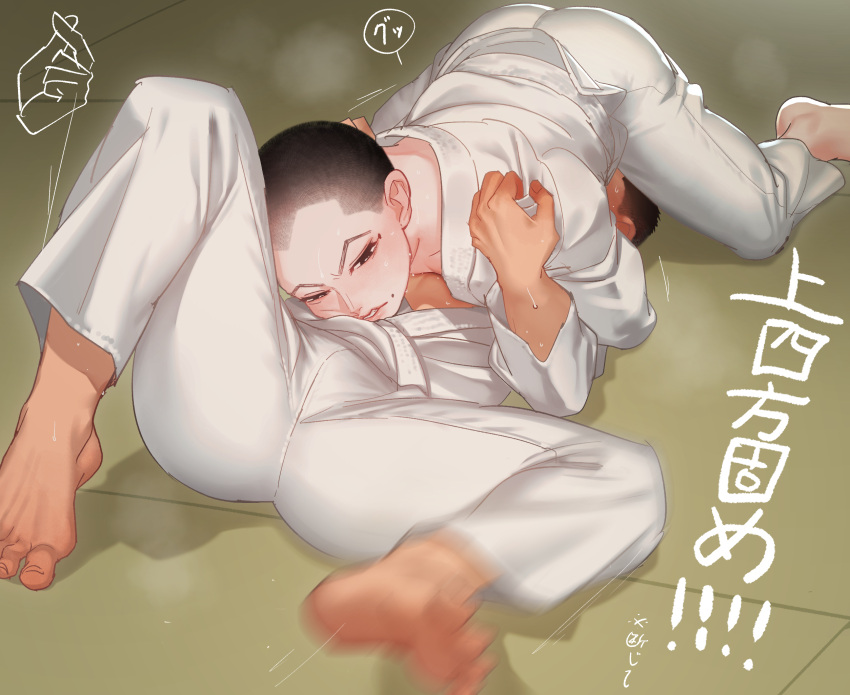 2boys 69 aged_down ass barefoot bishounen black_hair boy_on_top bulge buzz_cut commentary_request dougi faceless faceless_male feet golden_kamuy grabbing highres indoors judo judo_hold lying male_focus mole mole_on_cheek motion_blur multiple_boys on_back on_floor parted_lips reman_kamuy sexually_suggestive short_hair spread_legs sweat takagi_tomoharu tile_floor tiles toenails toes translated usami_tokishige very_short_hair wrestling