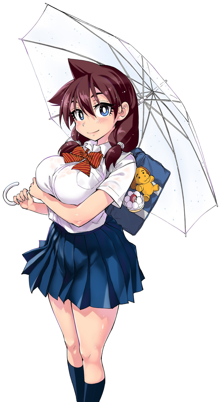 absurdres amano_megumi amano_megumi_wa_suki_darake! backpack bag black_socks blue_eyes blue_skirt breast_pocket breasts bright_pupils brown_hair feet_out_of_frame female highres holding holding_umbrella large_breasts long_hair looking_at_viewer nekoguchi official_art pleated_skirt pocket shirt_tucked_in short_sleeves simple_background skirt smile socks solo stuffed_animal stuffed_toy twintails umbrella white_background