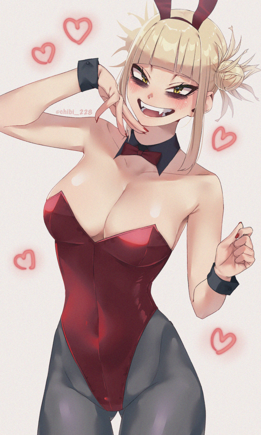 :d animal_ears bags_under_eyes blonde_hair blunt_bangs boku_no_hero_academia bow bowtie breasts chibi_228 cleavage covered_navel detached_collar double_bun fake_animal_ears fangs female hair_bun hands_up heart highleg highleg_leotard highres large_breasts leotard nail_polish narrowed_eyes open_mouth pantyhose playboy_bunny rabbit_ears red_leotard red_nails sidelocks smile solo strapless strapless_leotard toga_himiko traditional_bowtie wrist_cuffs yellow_eyes