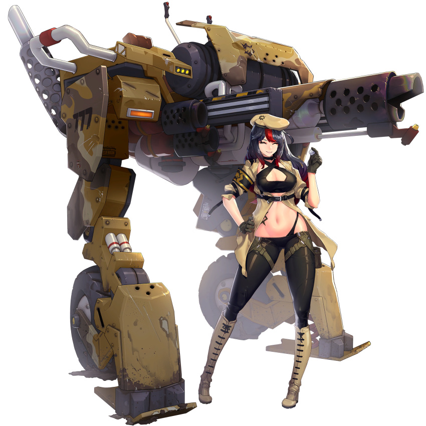 beret black_hair boots breasts cleavage cleavage_cutout closed_eyes clothing_cutout coat dice female full_body game_cg grin hat highres last_origin long_hair lowleg lowleg_pants mar10 mecha multicolored_hair non-humanoid_robot official_art pants red_hair robot salamander_(last_origin) smile solo streaked_hair tachi-e third-party_source transparent_background two-tone_hair walker_(robot)