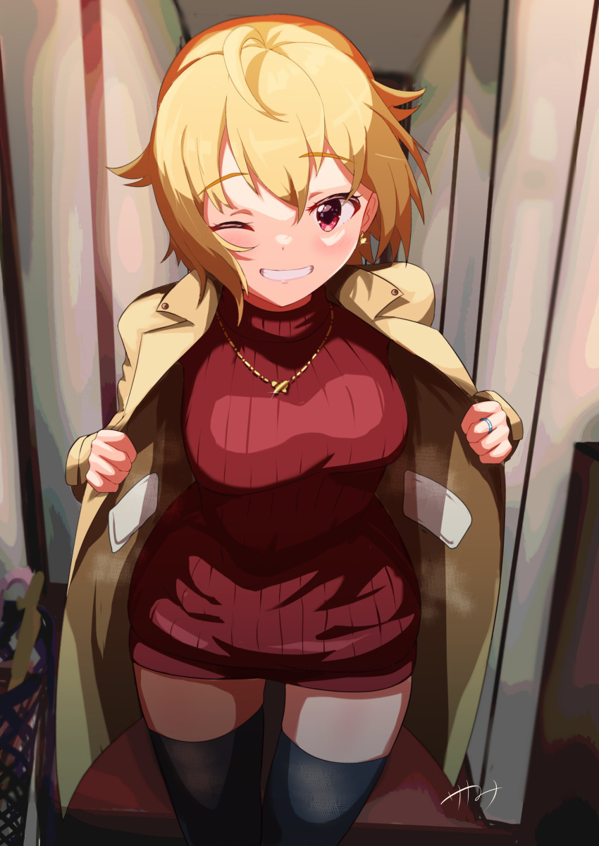 ;d absurdres ahoge black_thighhighs blonde_hair coat commentary_request female flashing highres ibuki_tsubasa idolmaster idolmaster_million_live! indoors jewelry looking_at_viewer necklace no_pants one_eye_closed red_sweater ribbed_sweater sanami_(sanami_t_38) smile solo sweater thighhighs trench_coat zettai_ryouiki