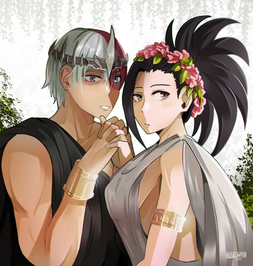 1boy ancient_greek_clothes black_hair boku_no_hero_academia bracelet breasts burn_scar commentary couple crown female flower greco-roman_clothes greek_mythology hades_(mythology) hair_flower hair_ornament highres holding_hands jewelry looking_at_viewer persephone_(mythology) red_hair roselinath scar short_hair sideboob signature straight todoroki_shouto upper_body white_background white_hair yaoyorozu_momo